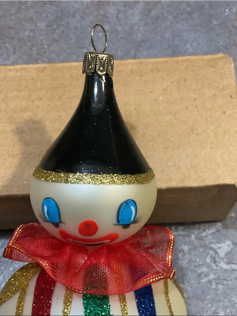 Pier 1 Cream Clown Ornament with Red, Blue, Green & Gold Accents
